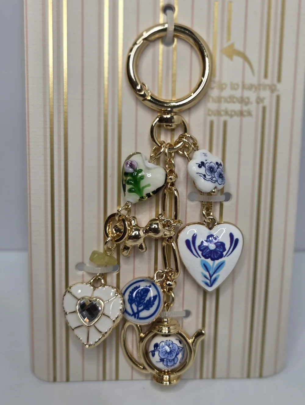 🤍▪️piper k▪️ UK Gold and White Teapot  Glass/Glass Stones  Floral Bag Charm